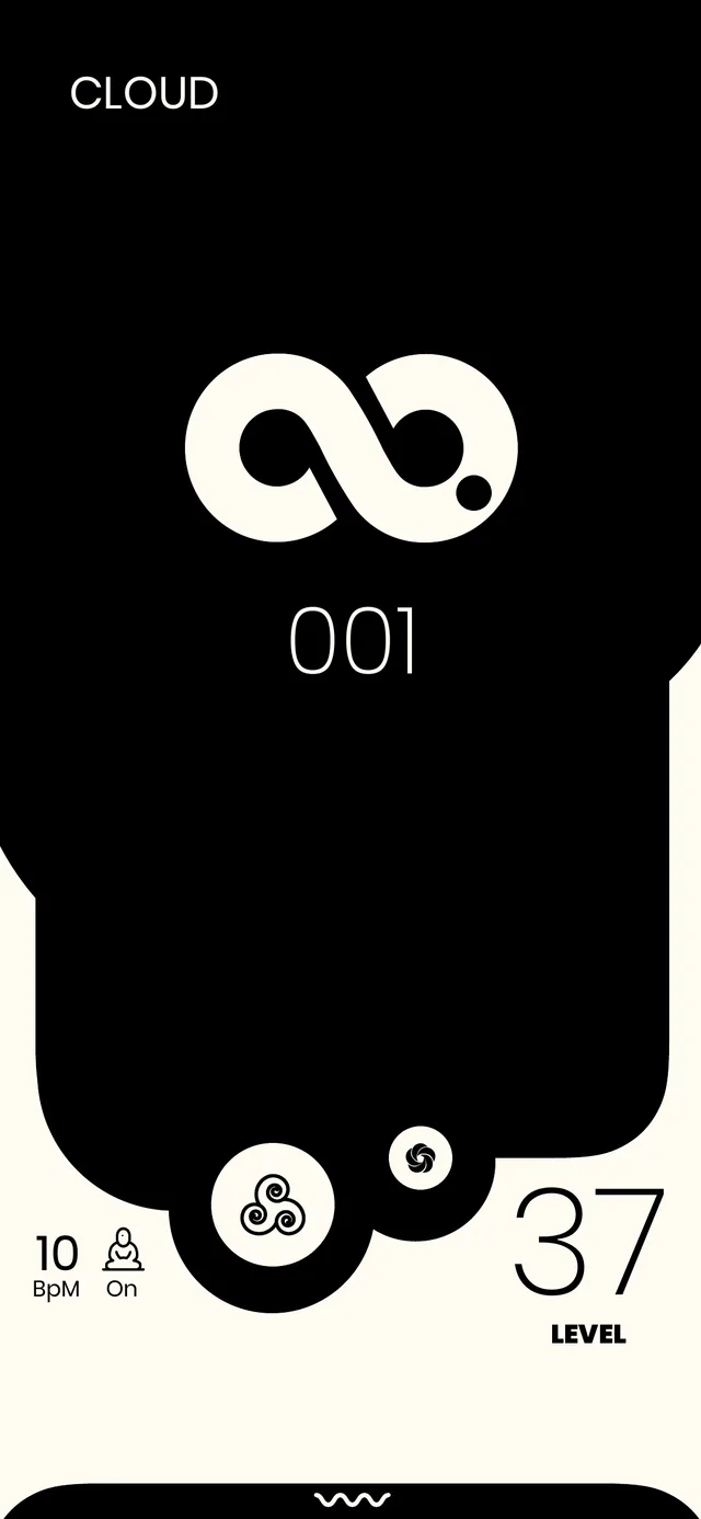 The Cloud screen in black: a white infinity symbol over the count 001, 10 breaths per minute and level 37