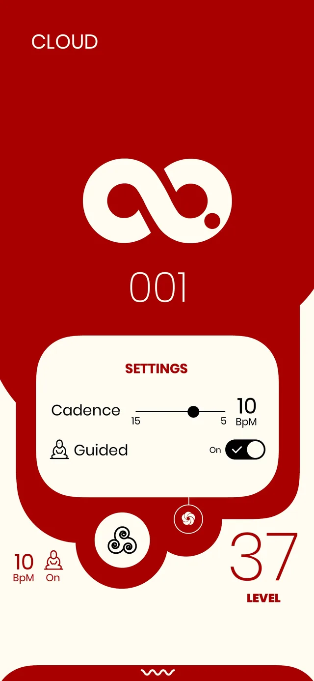 The Cloud screen in red with its settings open: a cadence slider at 10 breaths per minute and the guide switched on