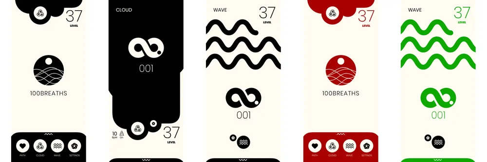 Five 100 Breaths screens side by side: home, Cloud and Wave in black, home in red and Wave in green