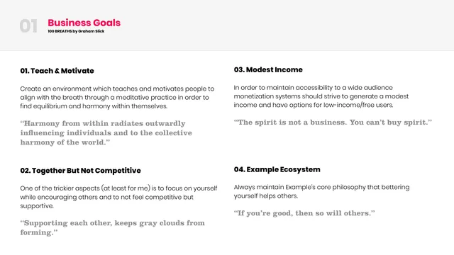 A slide of four business goals: teach and motivate, together but not competitive, a modest income, and an ecosystem where bettering yourself helps others