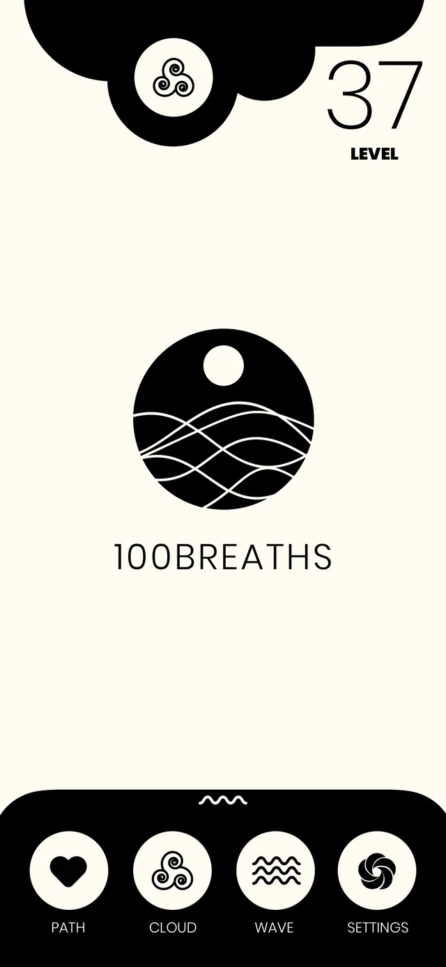 The 100 Breaths home screen: a black cloud shape at the top, level 37, the 100BREATHS logo in a circle and a tab bar for Path, Cloud, Wave and Settings