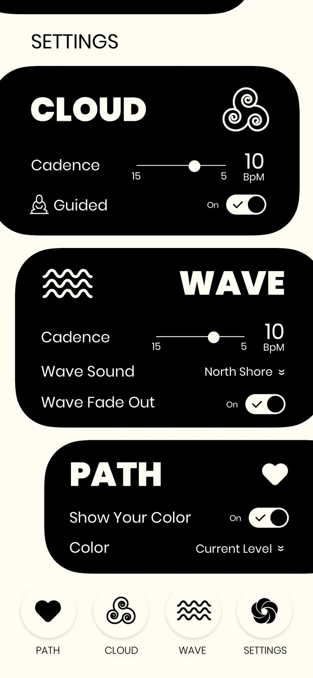 Settings in three black cards: the Cloud cadence and guide, the Wave sound and fade out, and the Path color
