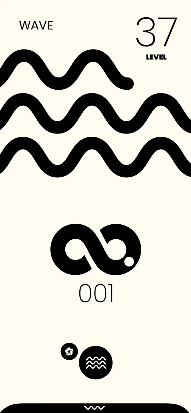 The Wave screen: three black wavy lines over cream, the infinity symbol and the count 001