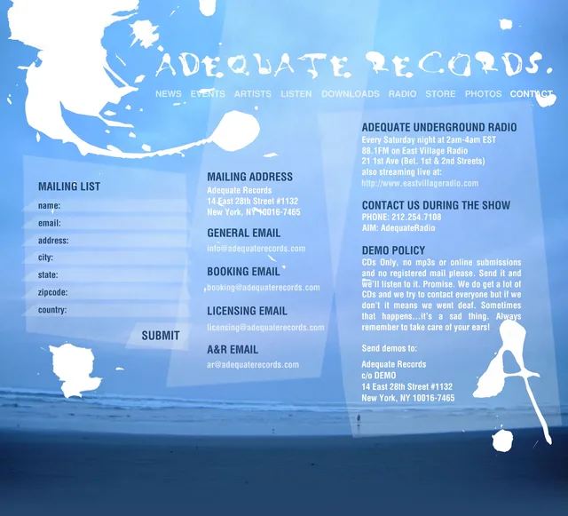 The contact page: a mailing list form and addresses for mail, booking, licensing and demos