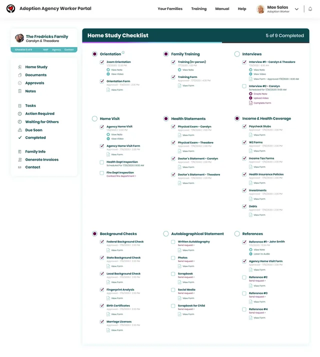 An earlier version of the Home Study Checklist with every step open: orientation, family training, interviews, home visit, health statements, income and health coverage, background checks, autobiographical statement and references, each item with its date and links to view a note, a video or a form