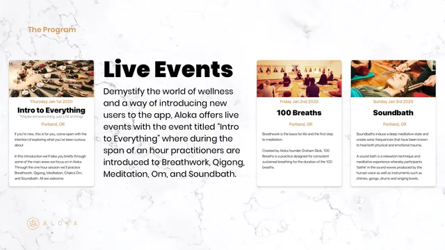 A slide on live events: Intro to Everything, 100 Breaths and Soundbath