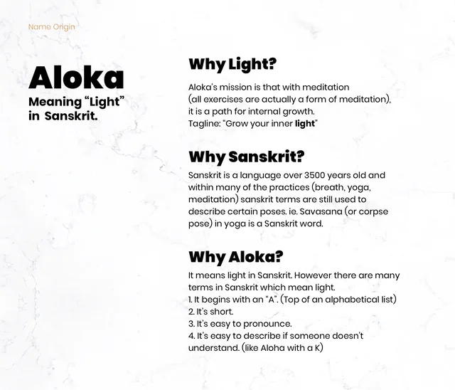 A slide on the name: Aloka means light in Sanskrit, with why light, why Sanskrit and why Aloka