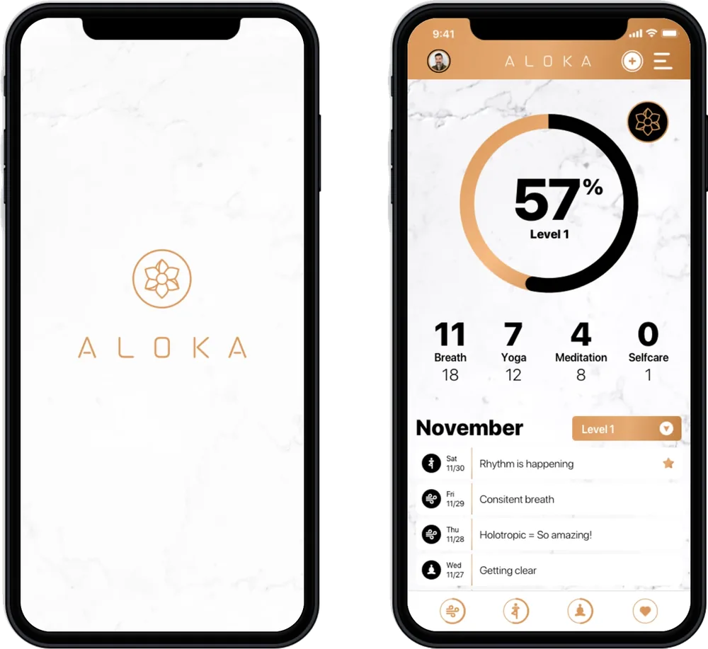 The Aloka app on two phones: the copper lotus wordmark on white marble, and the dashboard at 57 percent of level one