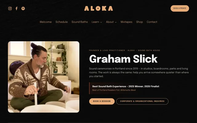 The aloka.org page about Graham Slick, with his portrait and the Willamette Week award