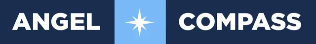 A banner: ANGEL and COMPASS in white capitals on navy blocks, either side of a light-blue square holding a white compass star