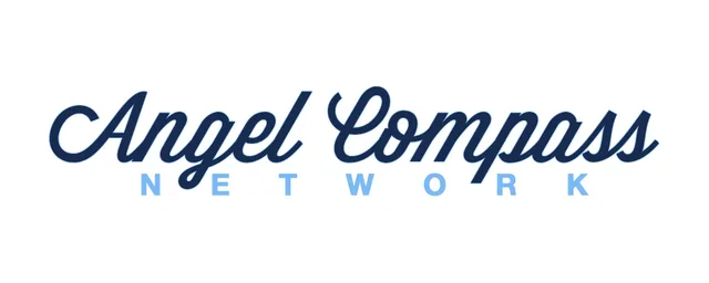 Angel Compass in a heavier, rounded navy script over NETWORK in spaced light-blue capitals, without the star