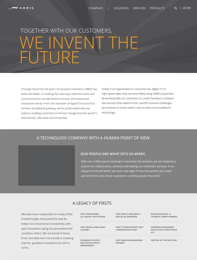 The top of the ARRIS Story page: Together with our customers, we invent the future, in white and orange over dark gray rays; a two-column introduction; A technology company with a human point of view; and A legacy of firsts, from the first all-digital HDTV system to 14 technical Emmy awards