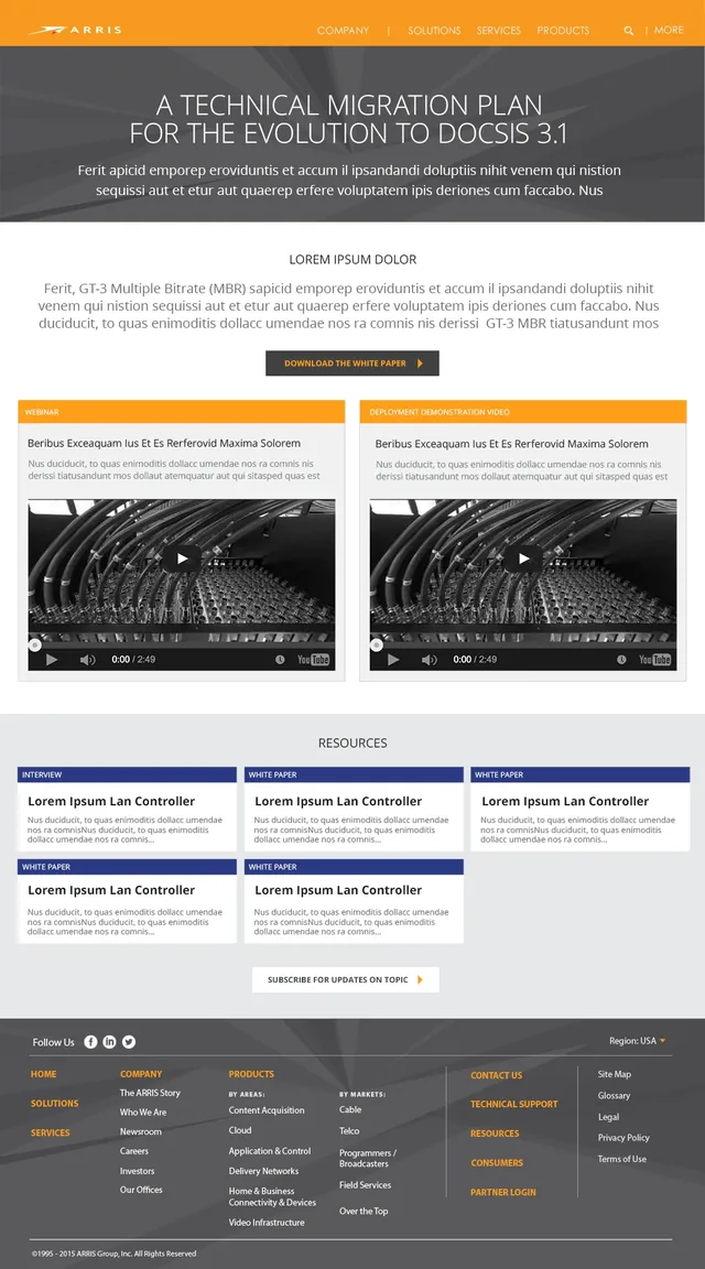 A campaign page, A Technical Migration Plan for the Evolution to DOCSIS 3.1: a white paper to download, a webinar and a deployment demonstration video, then interviews and white papers, and a button to subscribe for updates