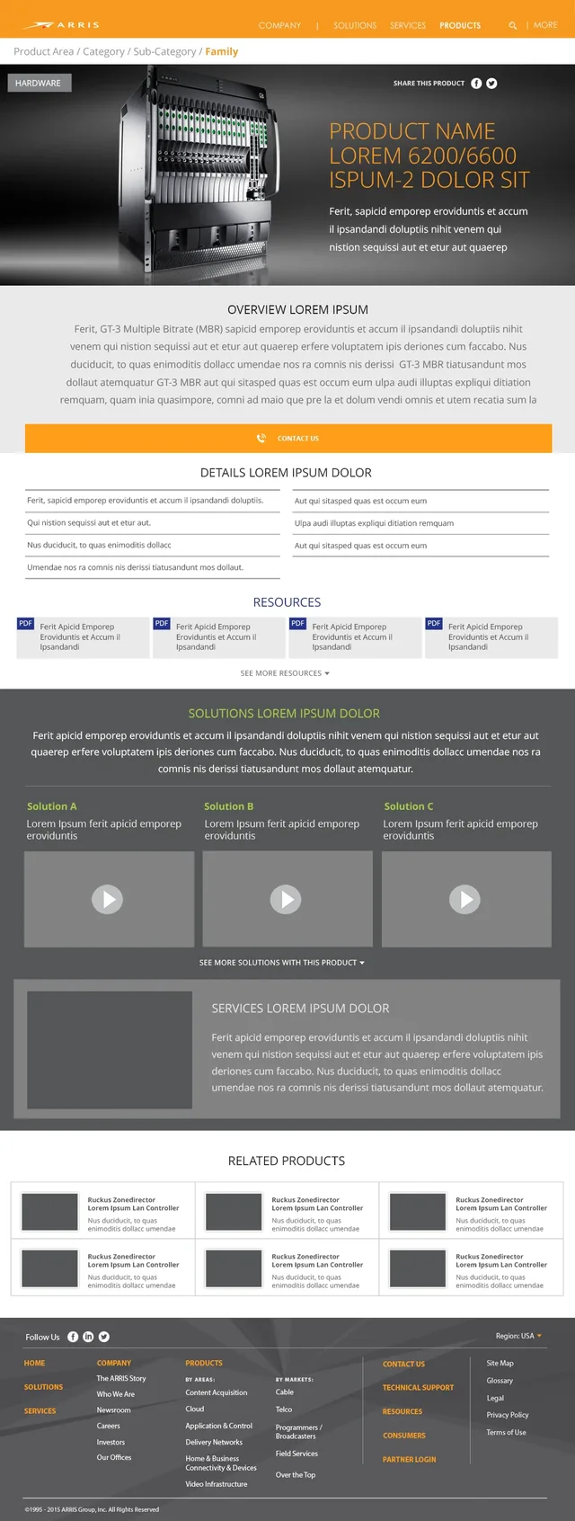 A product details page under an orange header: a hardware chassis beside the product name, then an overview, details, resources to download, solutions with videos, services and related products