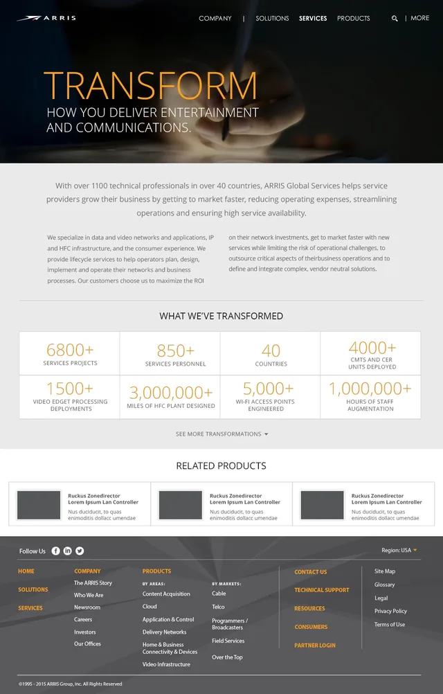 The Services page: Transform how you deliver entertainment and communications, over a hand writing with a pen, then ARRIS Global Services and a grid of what it has transformed, such as 6800+ services projects and 3,000,000+ miles of HFC plant designed