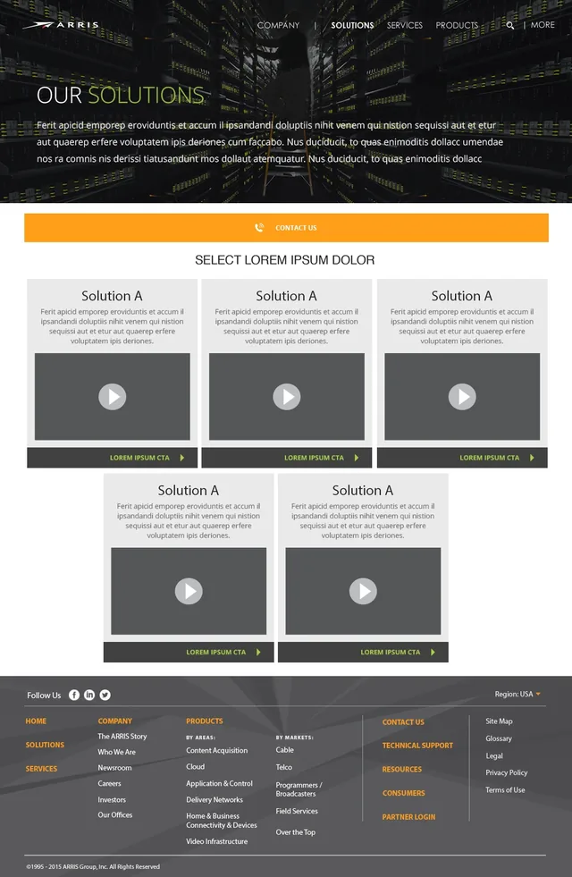 The Solutions page: Our Solutions over a dark aisle of server racks, an orange contact bar and five solutions, each with a video