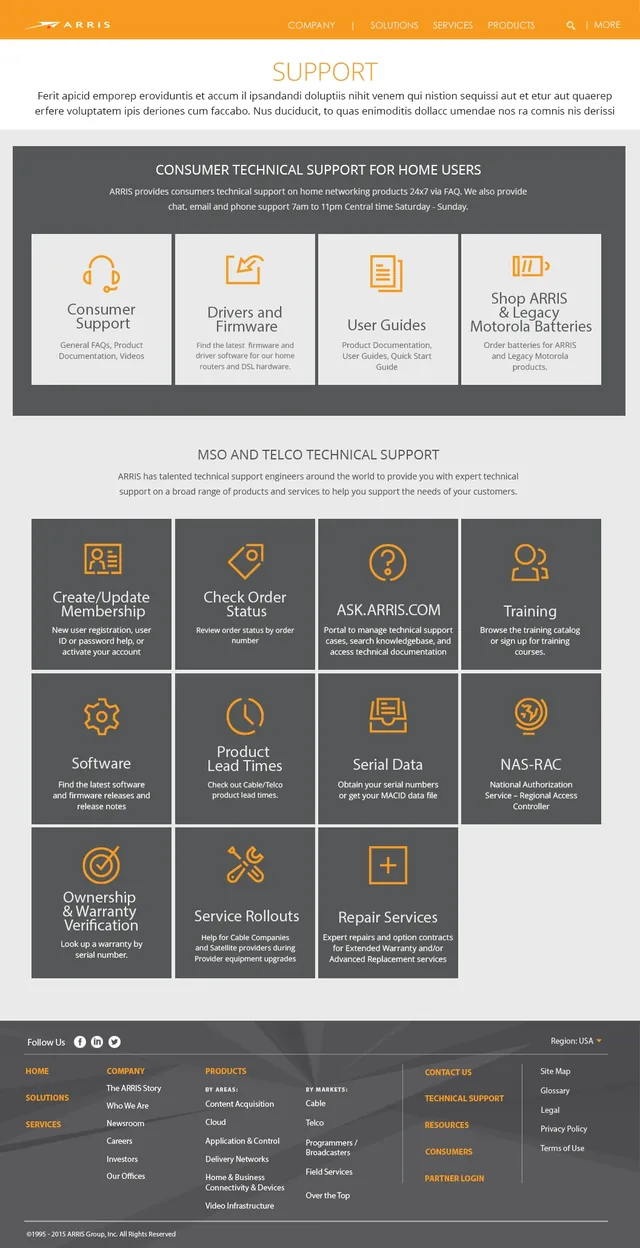 The Support page: orange line icons for consumer support, drivers, user guides and batteries, then a dark grid of tiles for MSO and telco technical support, from membership and order status to repair services