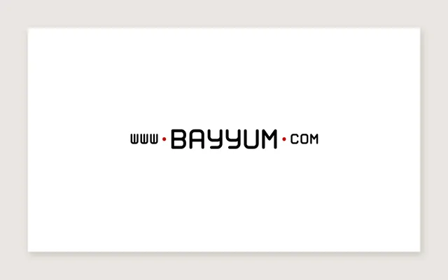 The back of the card: www·BAYYUM·com in black squared-off capitals, the dots in red