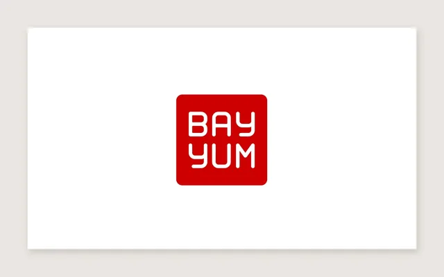 The front of the business card: the small red BAY YUM square in the middle of white