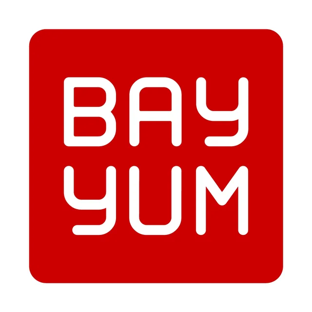 The BayYum logo: BAY over YUM in white, rounded, squared-off capitals on a red square with rounded corners