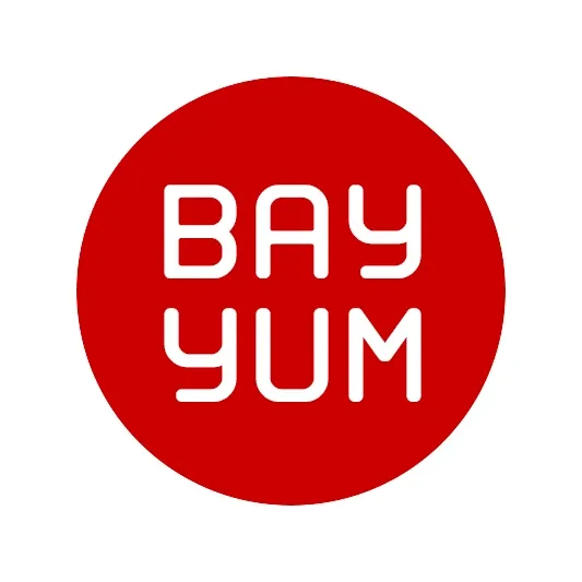 The same logo in a red circle, BAY over YUM in white