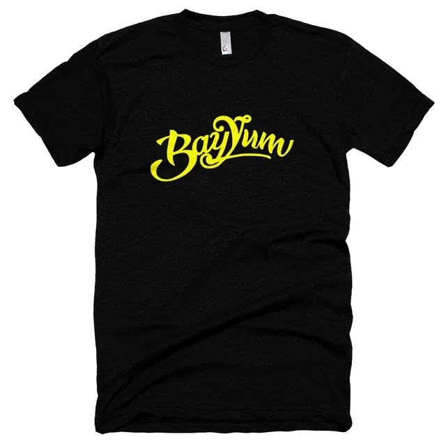 The same T-shirt in black, the yellow BayYum script across the chest
