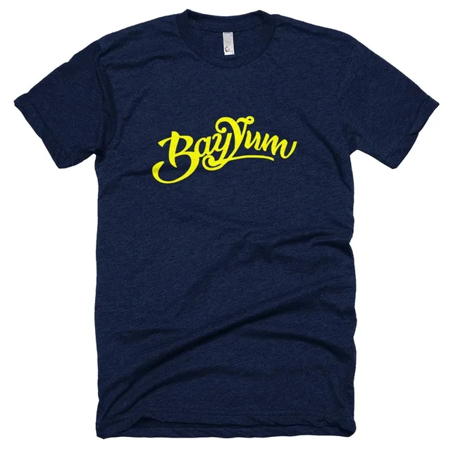 A navy T-shirt with BayYum written across the chest in a looping yellow script