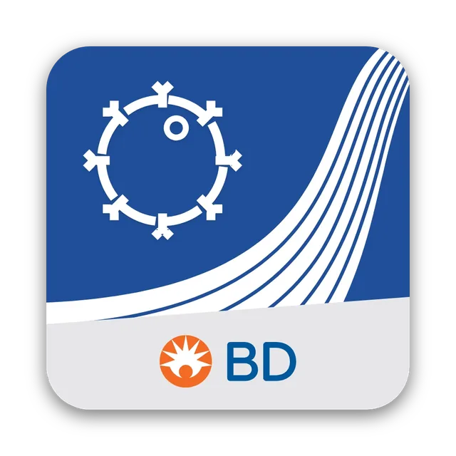 The app icon: a white bead ringed with antibodies on BD blue with white stripes, above the BD logo on light gray