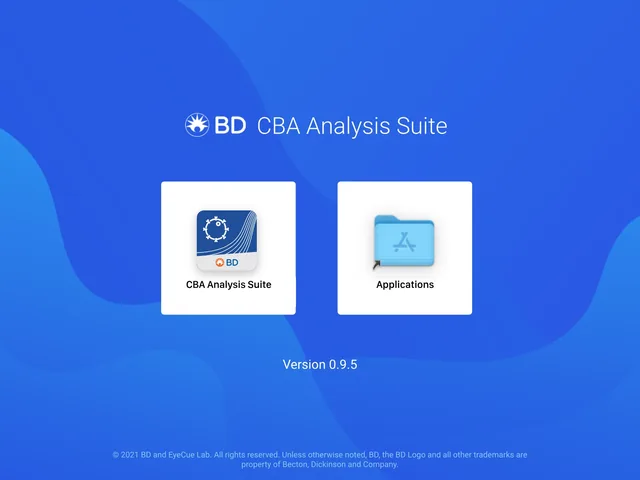 The installer window for BD CBA Analysis Suite, version 0.9.5, on a blue background: the app icon beside the Applications folder, to drag it in