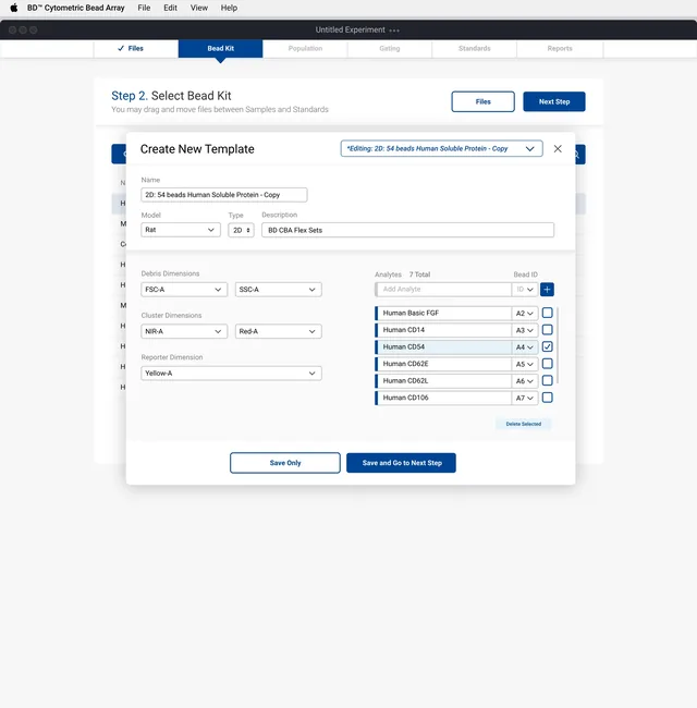 The Create New Template dialog over the bead kit step: a copy of a 54-bead Human Soluble Protein kit being edited, with debris, cluster and reporter dimensions and a list of analytes with their bead IDs