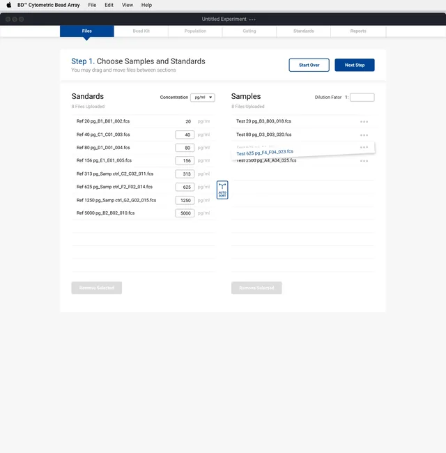 Step 1, Choose Samples and Standards: eight standard files with concentrations from 20 to 5000 pg/ml beside the sample files, one file being dragged into the list