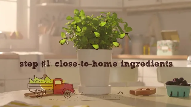 Drawn pears hang on a real potted plant on a kitchen table, and a drawn red truck loaded with pears drives past, under step #1: close-to-home ingredients