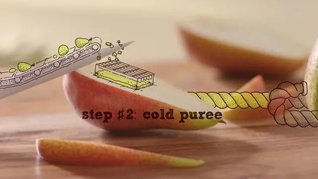 A real pear cut into slices on a cutting board, with drawn conveyor belts, a small machine and a knotted yellow rope, and step #2: cold puree