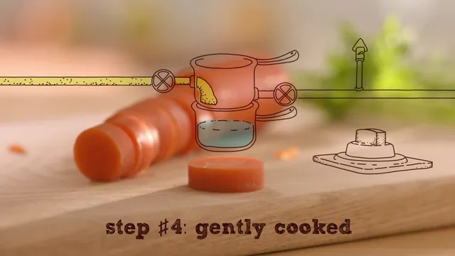 Real carrots on a cutting board, with a drawn double pot, pipes and valves above them and step #4: gently cooked