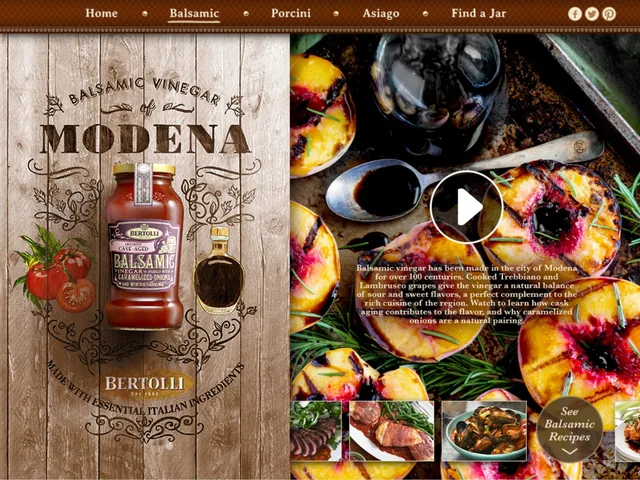 The Balsamic story: the jar on weathered wood under Balsamic Vinegar of Modena, beside a video of grilled peaches, with recipe thumbnails below