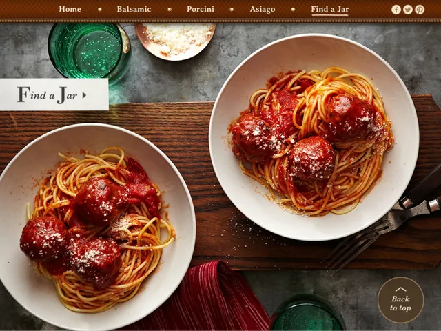 Two plates of spaghetti and meatballs under a Find a Jar button, with Back to top