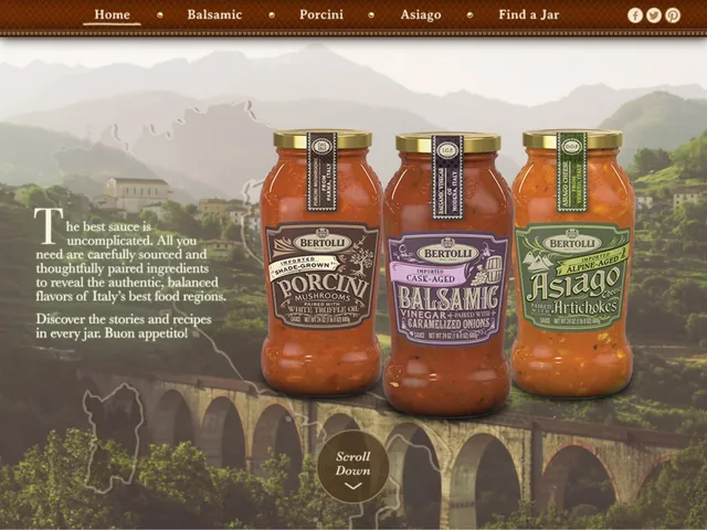 The Bertolli Gold homepage: three jars, Porcini, Balsamic and Asiago, over a misty Italian hillside with a stone aqueduct, beside The best sauce is uncomplicated, and a Scroll down button