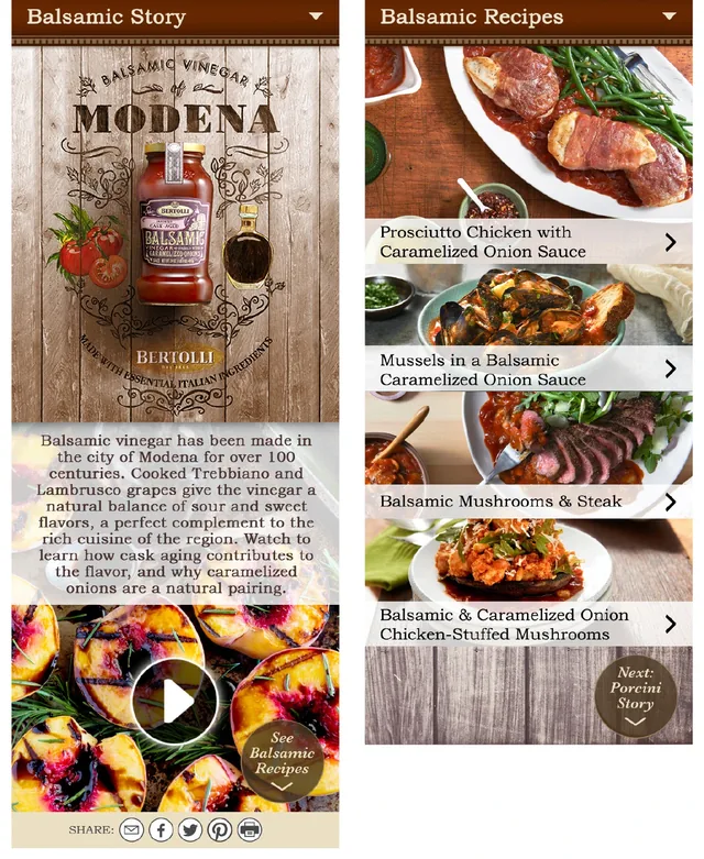 The mobile site: the Balsamic story, with the jar, the story of balsamic vinegar and a video, and the Balsamic recipes as a list of four