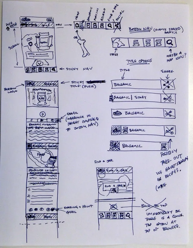 A pen sketch of the mobile pages on paper, with notes on a sticky navigation, title options, sharing and Find a Jar
