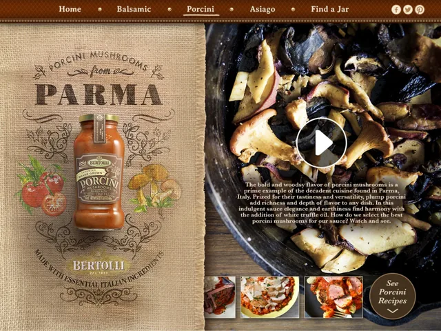 The Porcini story: the jar on burlap under Porcini Mushrooms from Parma, beside a video of mushrooms in a skillet