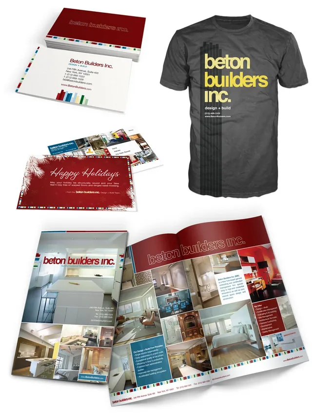 Beton Builders print: business cards, a holiday card, a brochure and a gray T-shirt