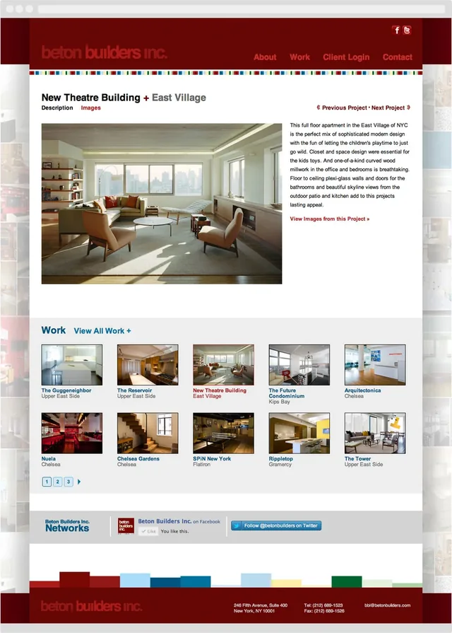A project page, “New Theatre Building + East Village”: a full-floor apartment, with the firm’s other projects below