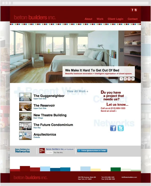 The Beton Builders homepage: a bright renovated bedroom and a list of projects