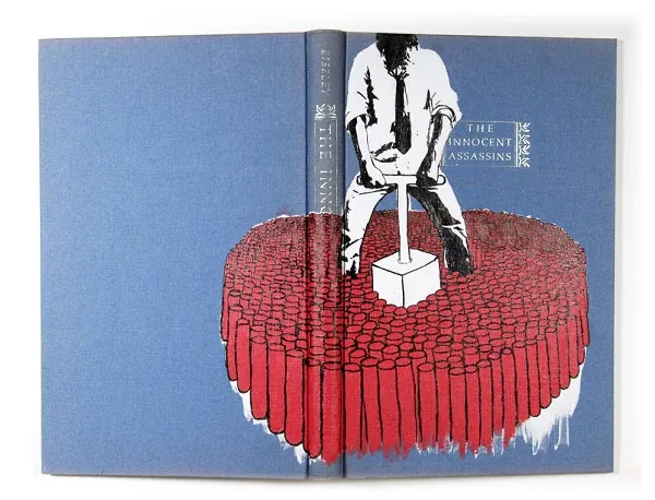 A pale blue book: a figure sits on a block on a red platform