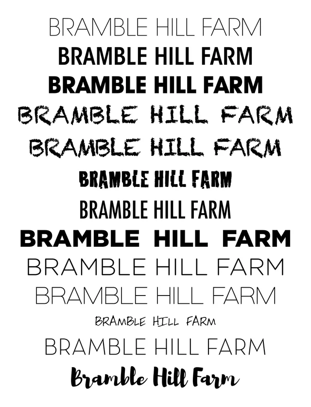 BRAMBLE HILL FARM set thirteen times in different typefaces, one per line: thin and heavy geometric capitals, chalky and cracked lettering, Futura Condensed, Gotham, a hand-drawn script and a brush script