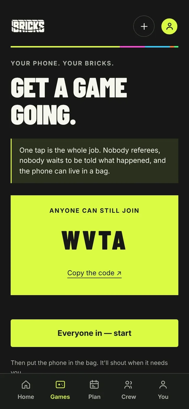 The Bricks games screen on a phone: “Get a game going” and the game code WVTA