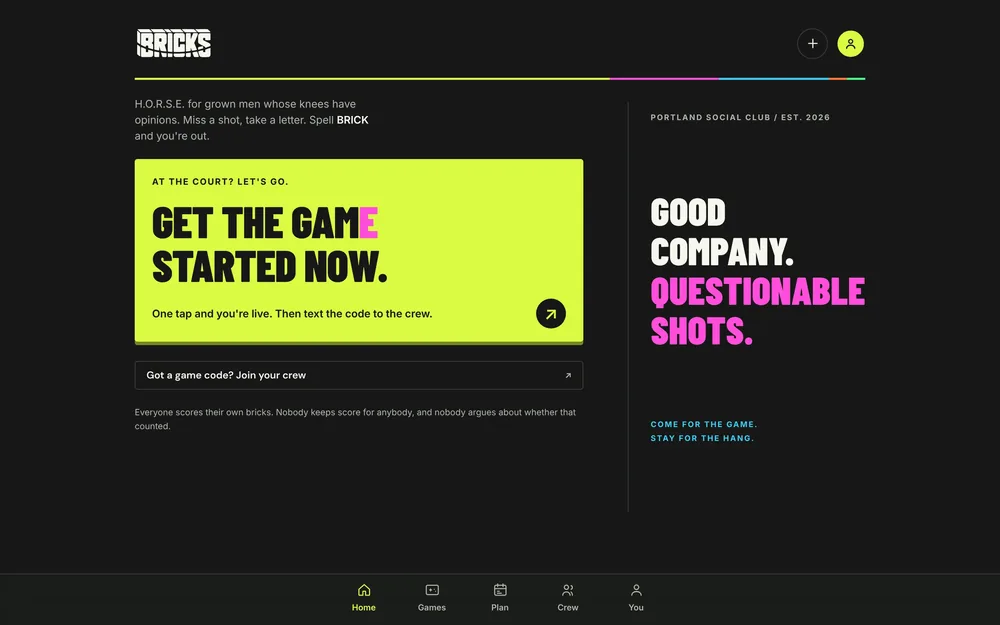 The Bricks homepage: “Get the game started now” in a yellow panel on a dark screen