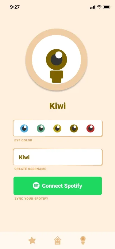 Making an avatar: a round frame holding a character that is one big brown eye on a small body, the name Kiwi, a row of five eye colors, a username field and a green Connect Spotify button