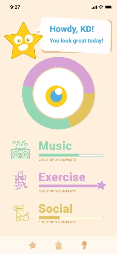 The dashboard: the star says Howdy, KD! You look great today! above a ring in lilac, mustard and mint around the avatar’s eye, and progress bars for Music (2 out of 3 complete), Exercise (3 out of 3) and Social (1 out of 3)