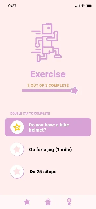 The Exercise page in lilac: a blocky running figure, 3 out of 3 complete with a star at the end of the bar, and Do you have a bike helmet? (highlighted), Go for a jog (1 mile) and Do 25 situps
